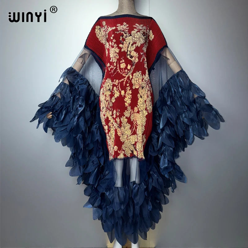 WINYI Summer Women's Casual Dresses Elastic Slim Pleated Dress Abaya Dubai Luxury Party Dress Muslim Woman Boho Evening Dress