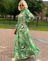 Women Green Tie Waist Long Sleeve Maxi Dress Deep V Lantern Sleeve Flowy Vacation Gown 2026 Seaside Street Holiday Party Outfit