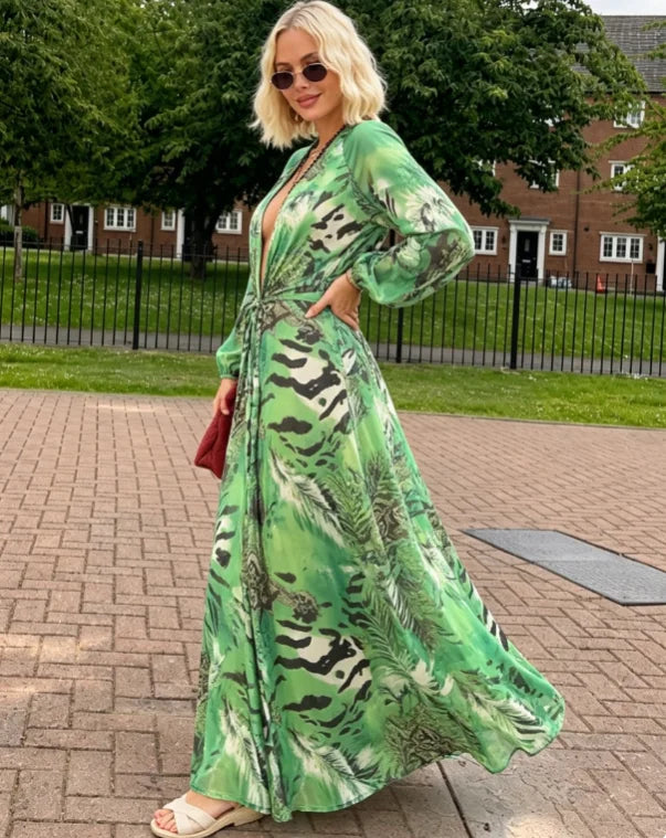 Women Green Tie Waist Long Sleeve Maxi Dress Deep V Lantern Sleeve Flowy Vacation Gown 2026 Seaside Street Holiday Party Outfit