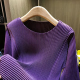 LANMREM High-end Turquoise Women's Pleated T-hsirt Flared Sleeve Long Sleeve Loose Fit Casual Stylish Pullover Top 2DB7543