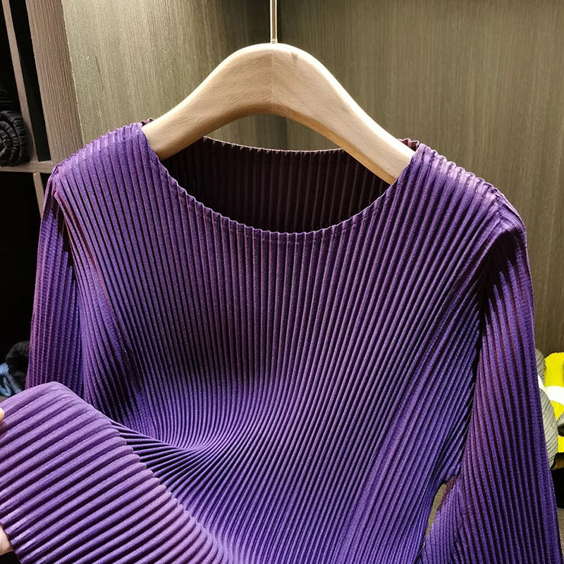 LANMREM High-end Turquoise Women's Pleated T-hsirt Flared Sleeve Long Sleeve Loose Fit Casual Stylish Pullover Top 2DB7543