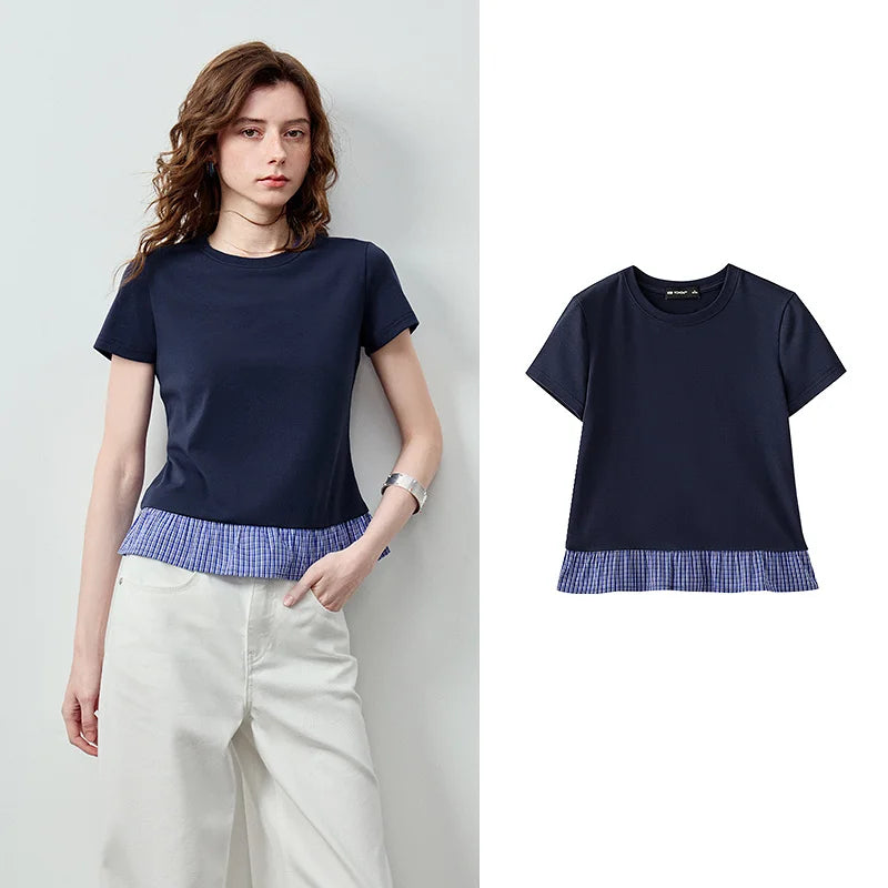 TOYOUTH Women T-Shirt 2026 Summer New White Lace Trim Splicing Crew Neck Slim Fit Figure-Flattering Trendy Tops