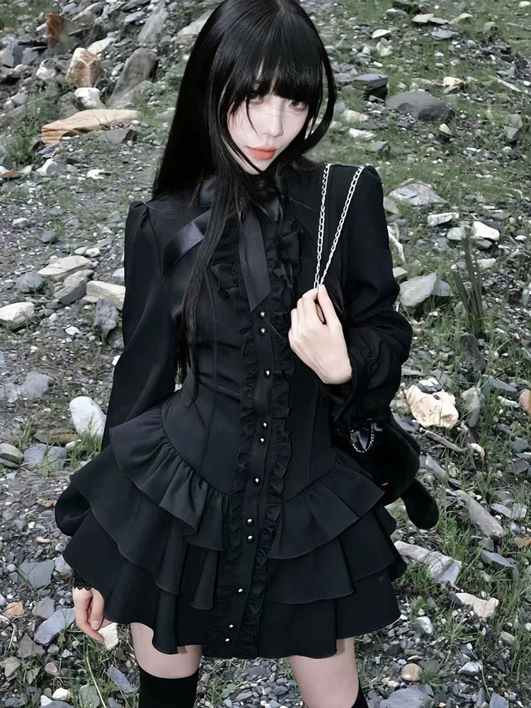 Aoaiiys Mini Dress Women Black Gothic Lace Spliced Dresses Y2K Japanese Streetwear Lolita Dresses Spicy Girls Fall Clothes New
