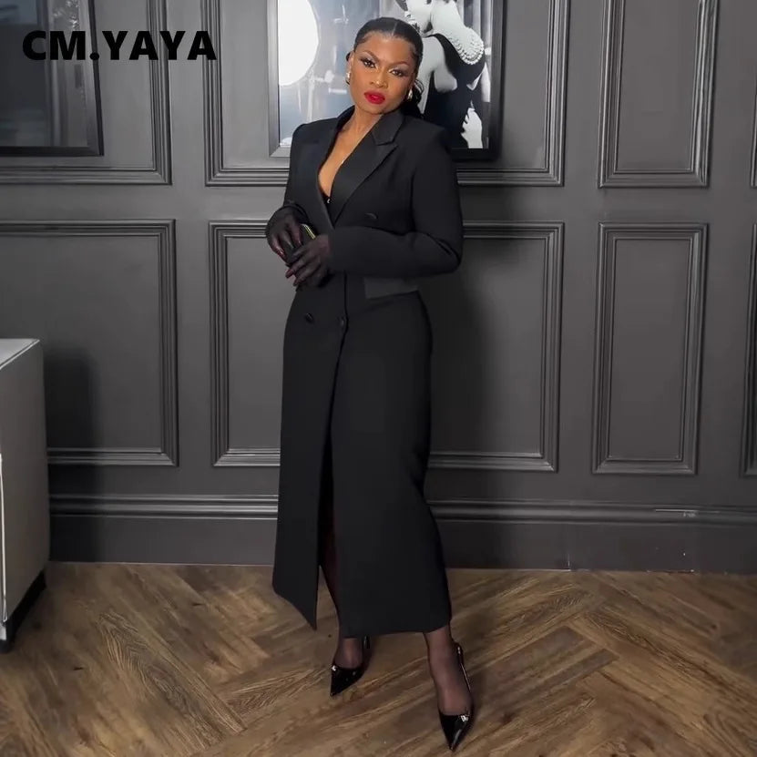 CM.YAYA Fashion Women OL Work Double Breasted Notched Long Sleeve Maxi Dress Spring Sexy Night Elegant Party Street Long Dresses