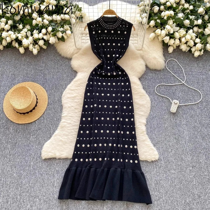 Diamonds Vestidos Spring Summer Dress V-neck Sleeveless Dresses High Waist Fishtail Knit Vestido 2026 New O-neck Ropa Mujer