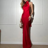 Sexy Halter Ribbon Backless Long Dresses Woman Spring Solid Satin Tight Gowns Evening Dress Summer Sleeveless Hollow Boho Dress