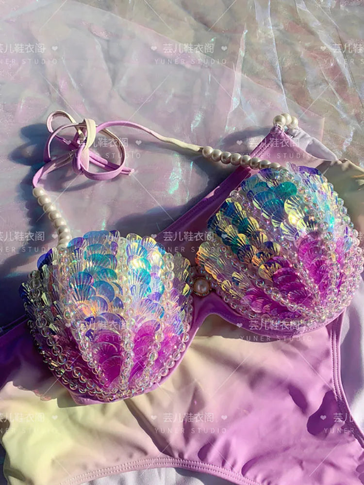New Thailand Shell Sequin Bikini Corset Mermaid Show Spa Vacation Split Swimsuit Gathered Sexy Corset Set