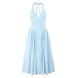 YENKYE Sexy Backless Green Elegant Halter Dress For Women Low Waist A-line Midi Summer Evening Party Dresses Cotton Robe