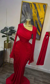 CM.YAYA Women Skew Neck Flare Long Sleeve Ruched Stacked Maxi Long Dress Fall Birthday Evening Sexy Party Dresses with Scarf