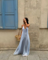 Sexy Women's Solid Color Pleated Long Dress Elegant Sleeveless Suspender Backless Slim Fit Dresses Beach Party Women's Robe