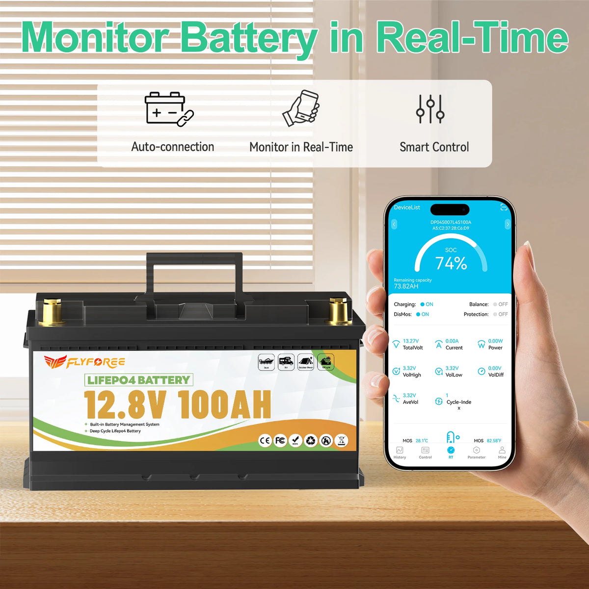 FLLYROWTH 12V 100Ah LiFePo4 Lithium Battery Pack With Bluetooth 100A BMS For RV Boat Motor Inverter Solar Wind Off-Road Off-grid LiFePO4 Batter