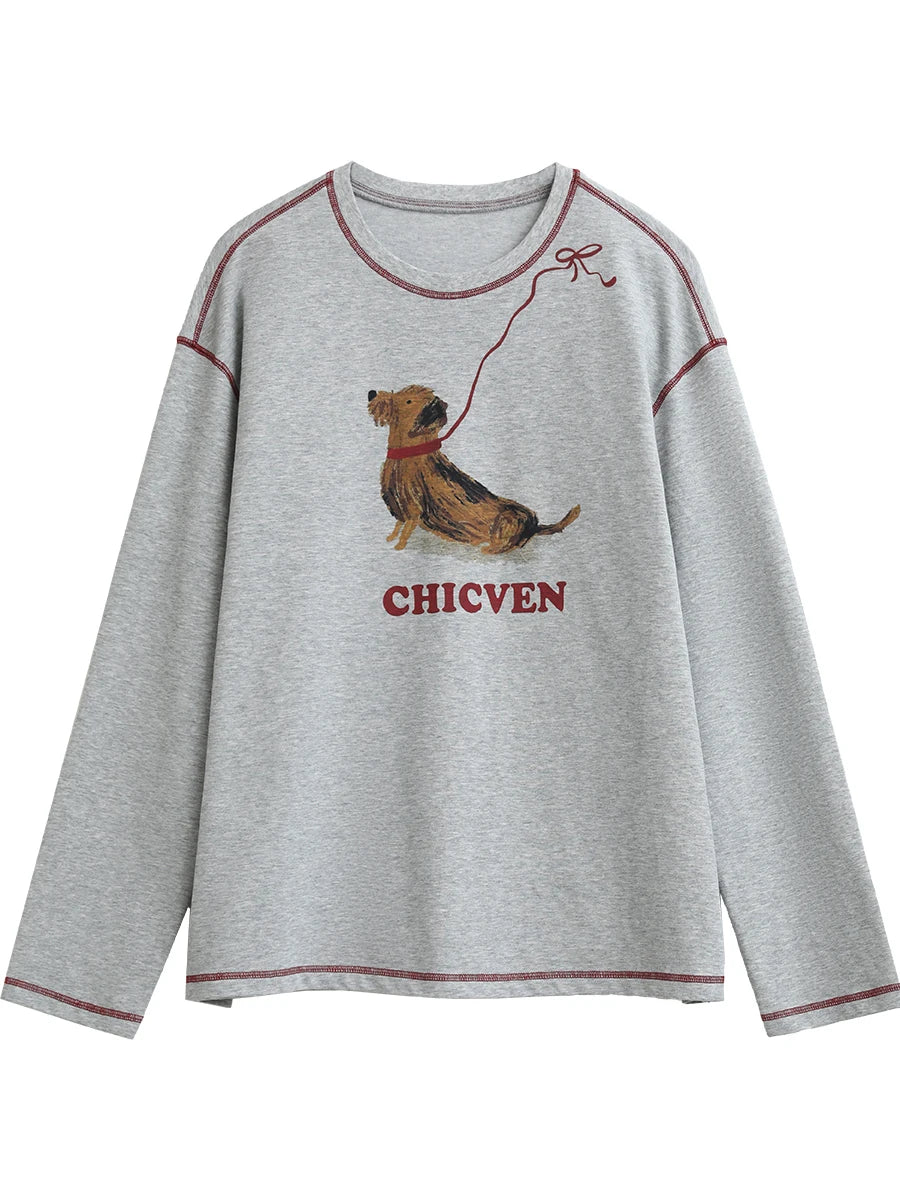 CHIC VEN Women T-Shirts Loose Casual Long Sleeve Animal Dog Printed Female Tees Contrasting Stitching Top Spring Summer 2025