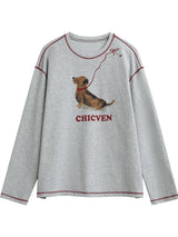 CHIC VEN Women T-Shirts Loose Casual Long Sleeve Animal Dog Printed Female Tees Contrasting Stitching Top Spring Summer 2025