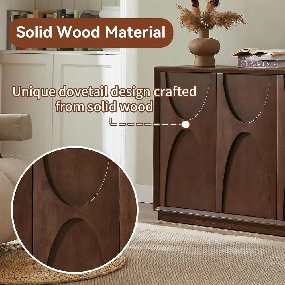 Retro Walnut Sideboard Cabinet with Magnetic Door, Adjustable Shelf for Living Room or Kitchen