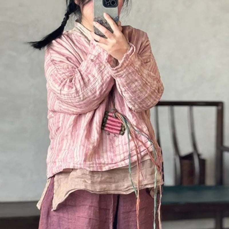 Johnature Women Vintage Striped T-Shirts V-Neck Long Sleeve Loose Linen Tees 2025 New Spring Chinese Style Female T-Shirts