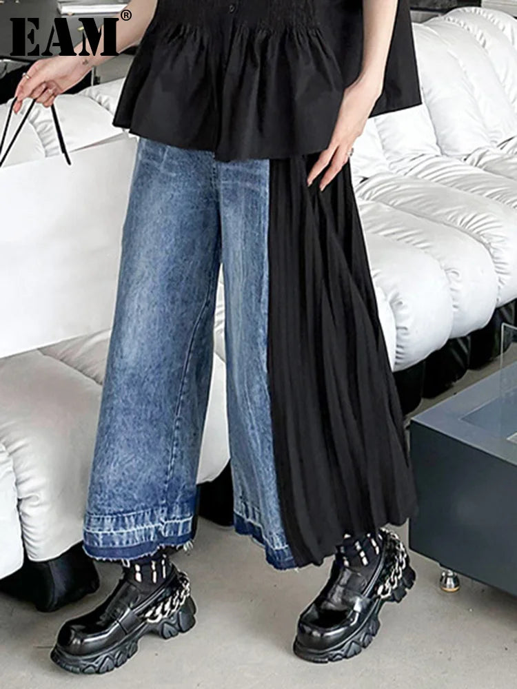 [EAM] High Waist Army Green Denim Pleated Long Wide Leg Jeans New Loose Women Trousers Fashion Tide Spring Autumn 2026 1DF7325
