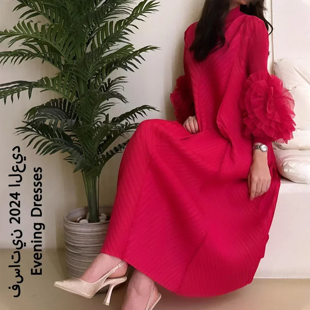 YUDX Luxury Purple Miyake Pleated High Neck Maxi Evening Dress, Ruffle Sleeve Women's Wedding Guest Ramadan Party Dress 2026 New