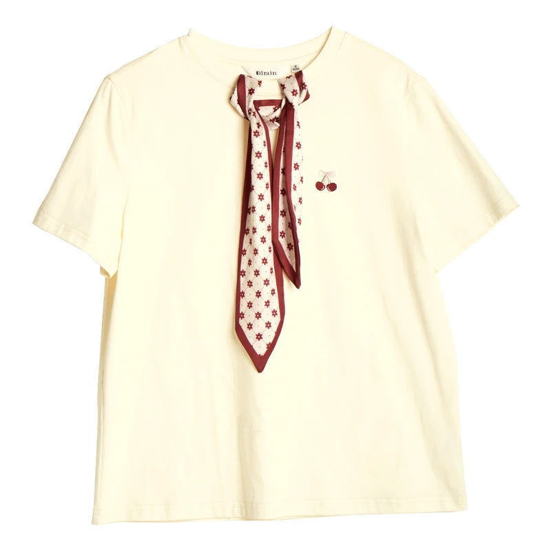 OLrain Women T-Shirt 2026 New Summer Neckline Hollow Tops French Style Silk Scarf with Embroidered Short-sleeved Tees O57XT96396