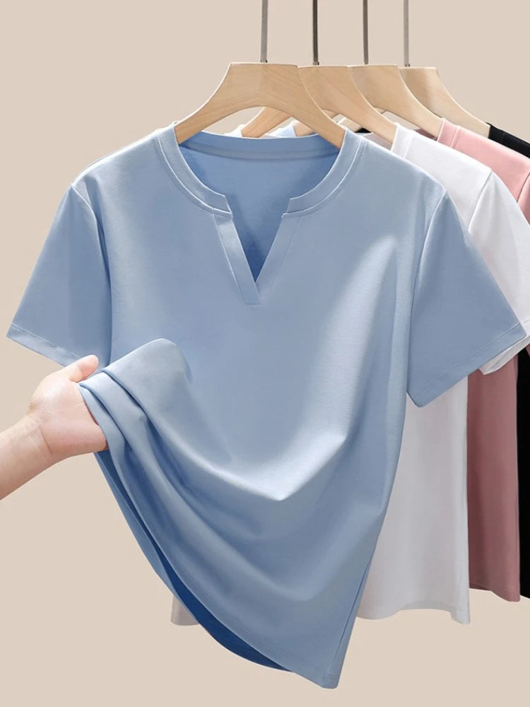 Women's 80s Double-Sided Mercerized Pima Cotton V-Neck T-Shirt 2025 Summer Oversized Slim Fit Soft Breathable Casual Comfy Top