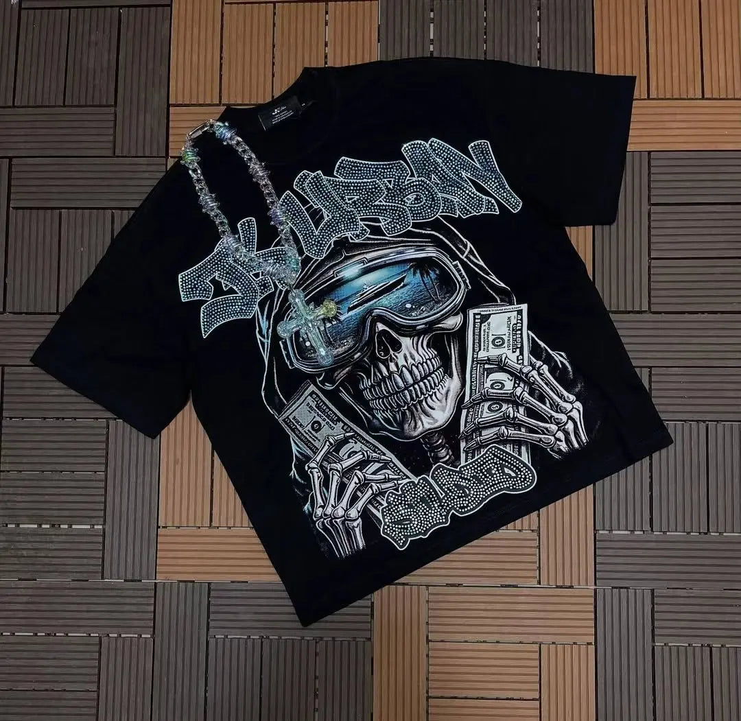 Y2K Men's Gothic Pattern Printed Street Fashion Loose Oversized Pure Cotton Short Sleeved Sports and Leisure T-shirt