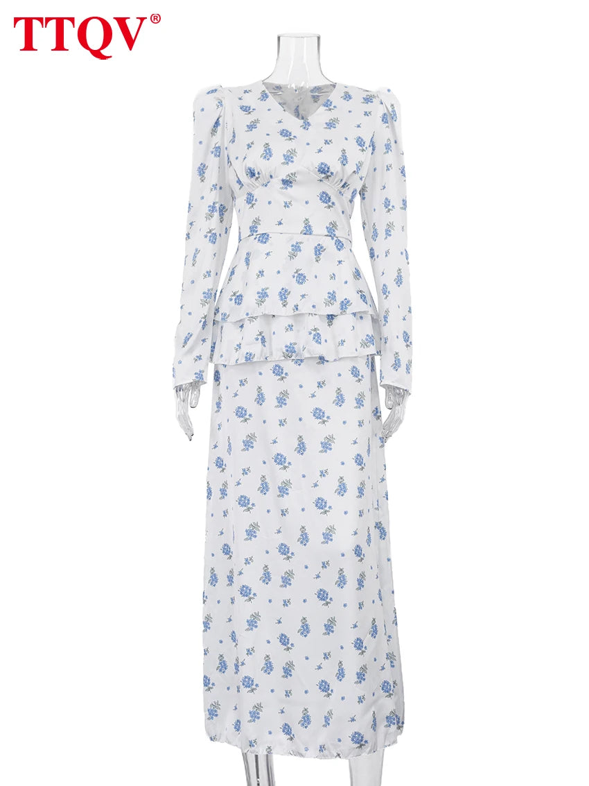 TTQV Fashion Loose Print Women's Dress 2026 Spring V-Neck Long Sleeve Maxi Dresses Elegant Classic High Waist Female Dress