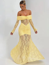 Mozision Off-shoulder Long Sleeve Sexy Maxi Dress Women Fashion Lace See Through Strapless Backless Bodycon Club Party Dresses