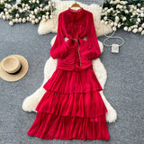 Spliced Lace Dresses Lantern Sleeve Ankle Length Dress Women Solid Party Dress Sexy Wrap Buttocks 2025 Autumn High Waist