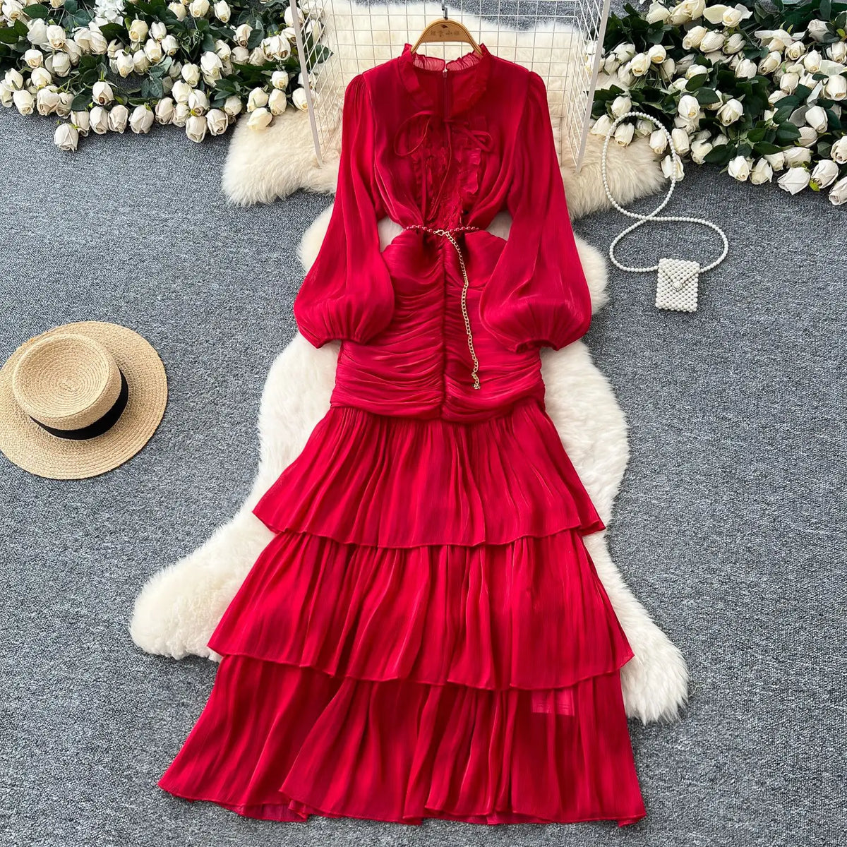 Spliced Lace Dresses Lantern Sleeve Ankle Length Dress Women Solid Party Dress Sexy Wrap Buttocks 2025 Autumn High Waist
