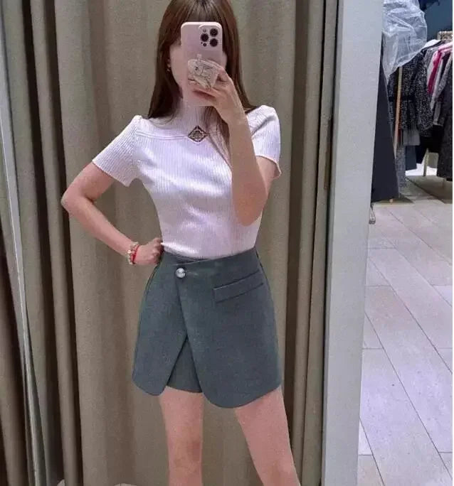Pink Women Hollow Out Slim Simple Knitted Tee O-Neck Short Sleeve Tops Summer