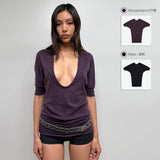Tank Purple Black Deep V-Neck Knitted Top Can Be Worn in Both Front and Back, With Mid Sleeves and a Long T-Shirt Skirt