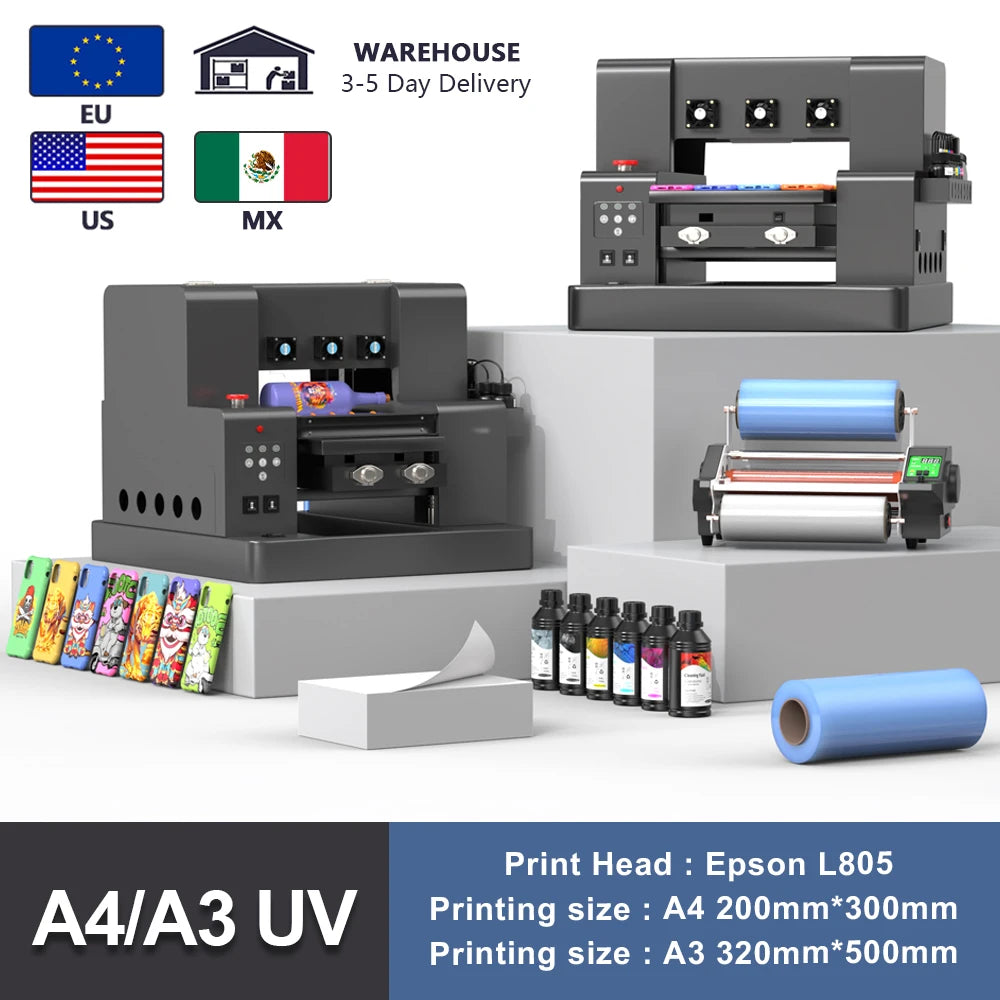 A4 A3 UV Printer UV Flatbed Printer with Varnish for Phone Case Bottle Acrylic Glass UV DTF Sticker Printing Machne US/EU Stock