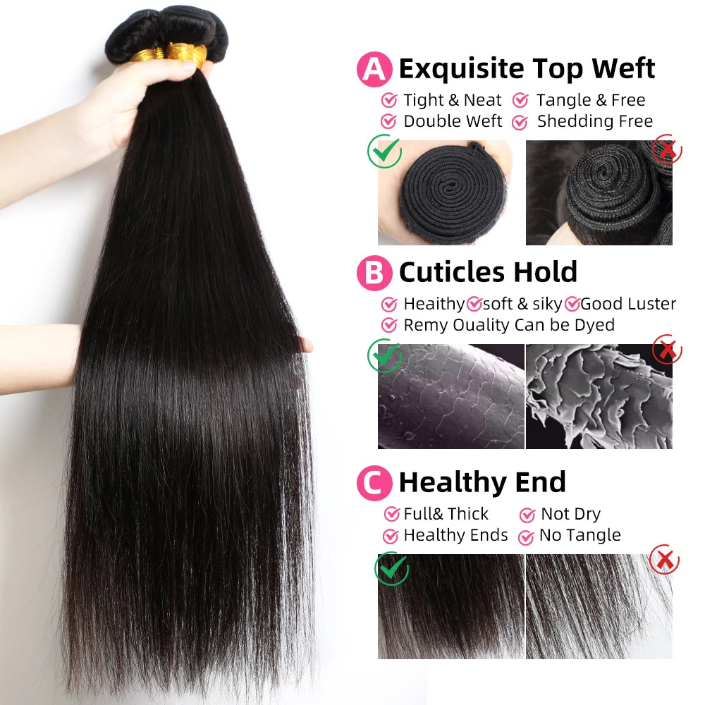 GEM 100% Human Hair Straight Bundles Brazilian Weaving For Women 1 3 4 Bundle Deal Natural Color 12-32Inch Human Hair Extensions