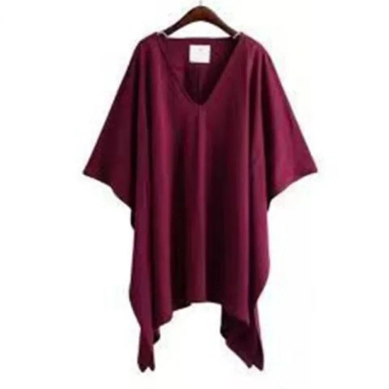 Summer 2025 Fashion Chic V-neck Irregular Black T-shirts Casual Loose Women's Clothing Batwing Sleeve Oversized 5XL Tops Female