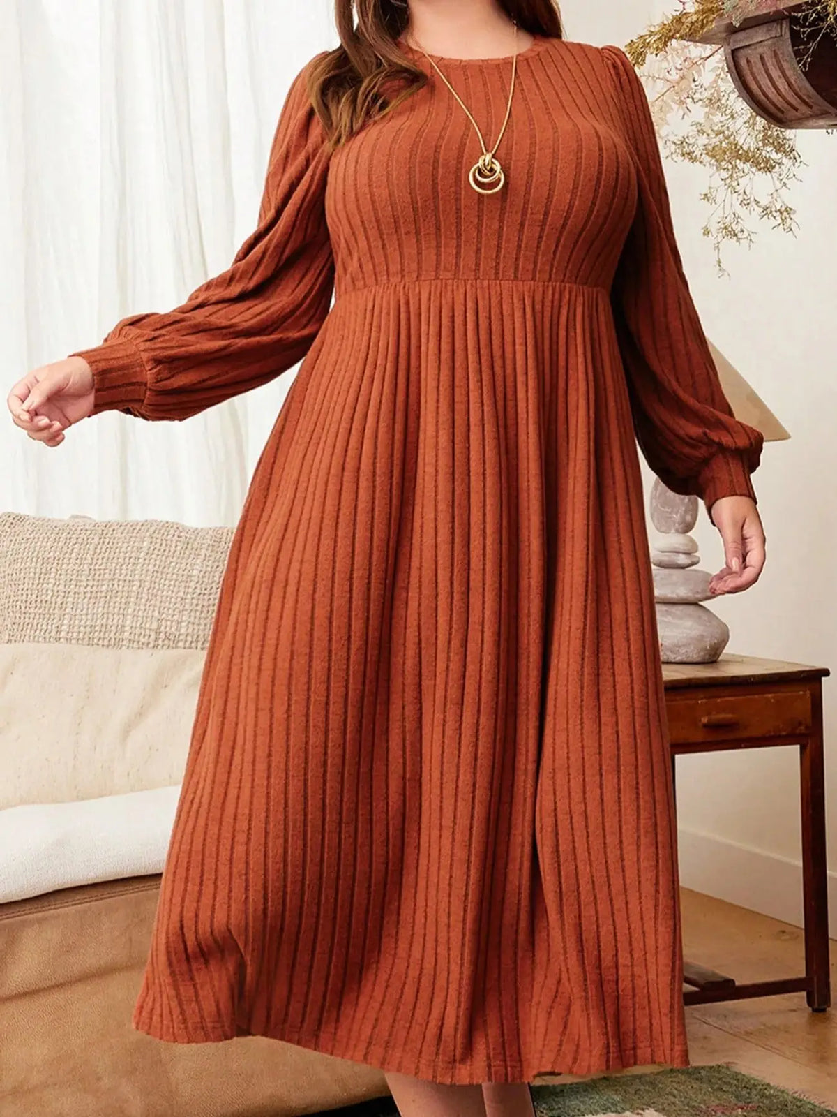 Plus Size Women's Autumn and Winter Dresses, Solid Color Round Neck Long Sleeve Dress Maxi Dress, Autumn and Winter Plus Size Wo