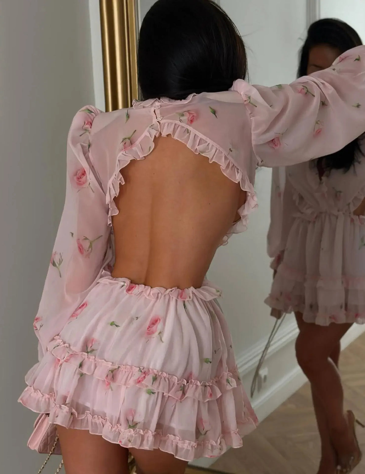 Women Pink Floral Print Chiffon Mini Dress Puff Sleeve Backless Cut Out Waist Tiered Ruffle Hem Dresses 2026 Casual Party Gown