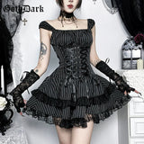 Goth Dark Lolita Outfits Cyber Y2K Striped Bandage Mini Dresses Sweet Lace Stitch Hem Cake Dress Mall Gothic Straps Party Gown
