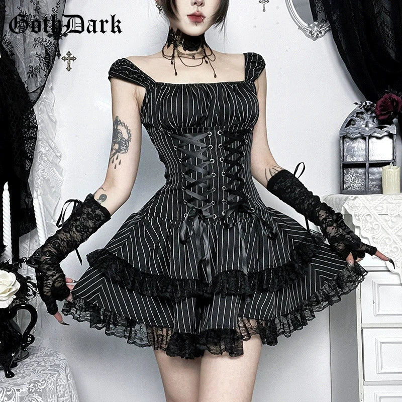 Goth Dark Lolita Outfits Cyber Y2K Striped Bandage Mini Dresses Sweet Lace Stitch Hem Cake Dress Mall Gothic Straps Party Gown