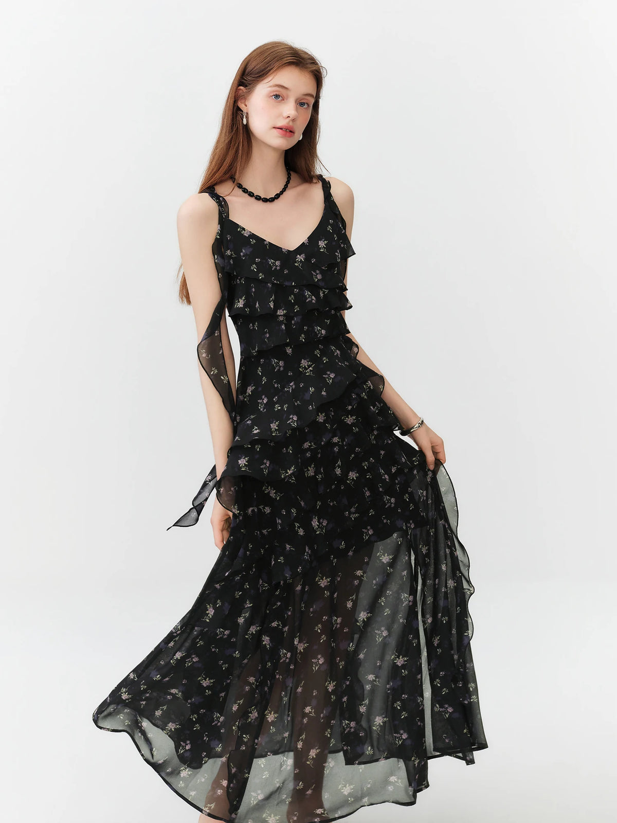 FSLE Summer Women Floral Print Ruffle Tiered Maxi Dress Adjustable Spaghetti Strap A-Line Long Dress Coquette Romantic Style