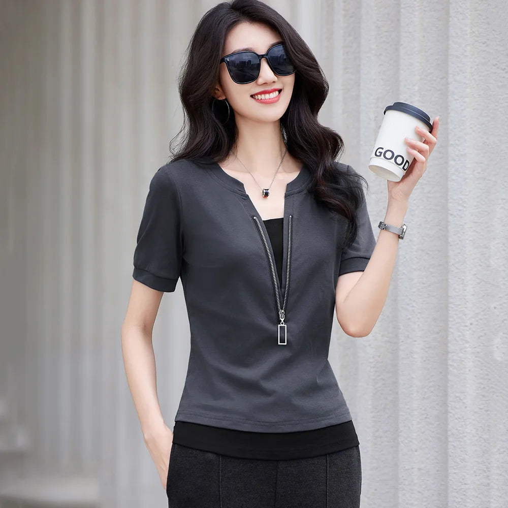 New Women Patchwork Contrast Color T-shirt Fashion Zipper V-Neck Short Sleeve Slim Tees Simplicity Casual Summer T-shirt