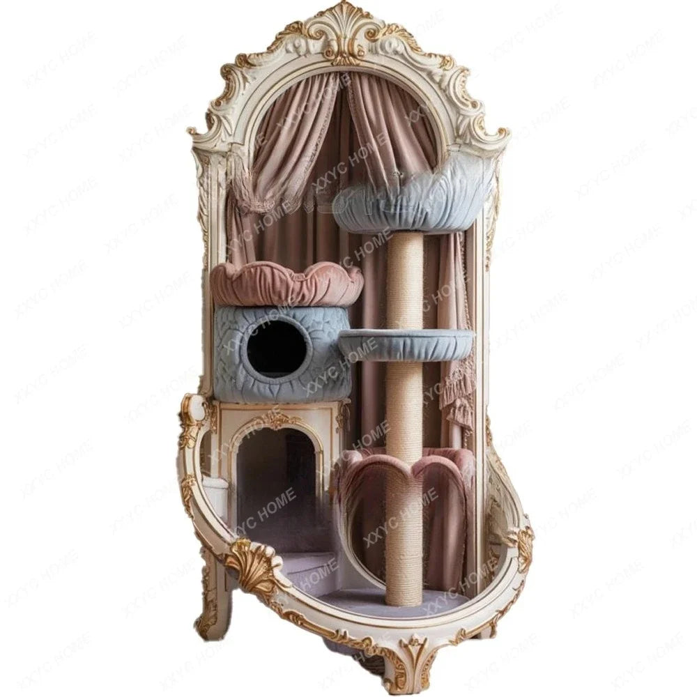 AASolid Wood Carving Flower Painted Gold Cat Cage Villa Luxury Kitten Mansion