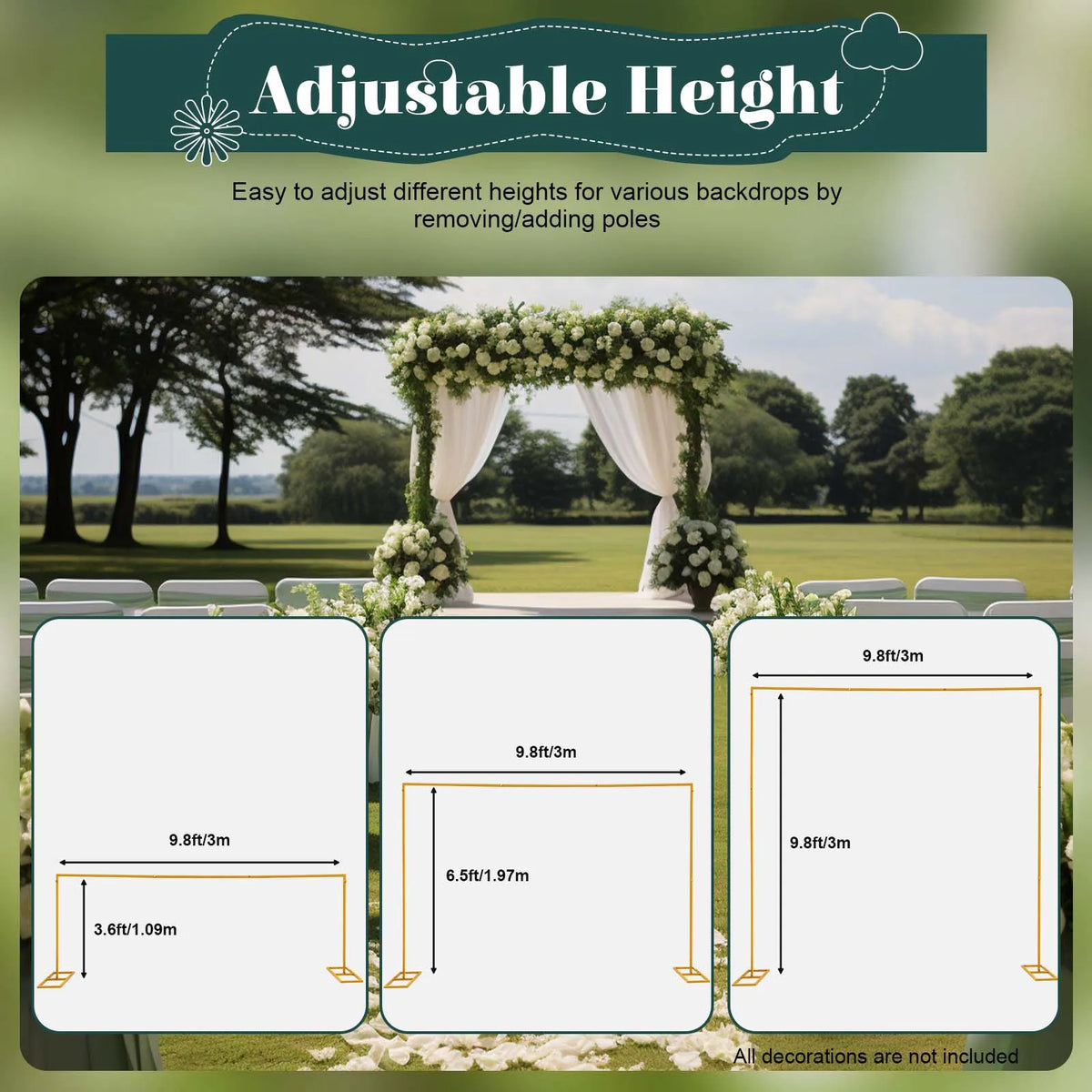 3m Adjustable Gold Square Wedding Arch Stand with Base, Heavy Duty Metal Backdrop Frame for Ceremony Party Decoration