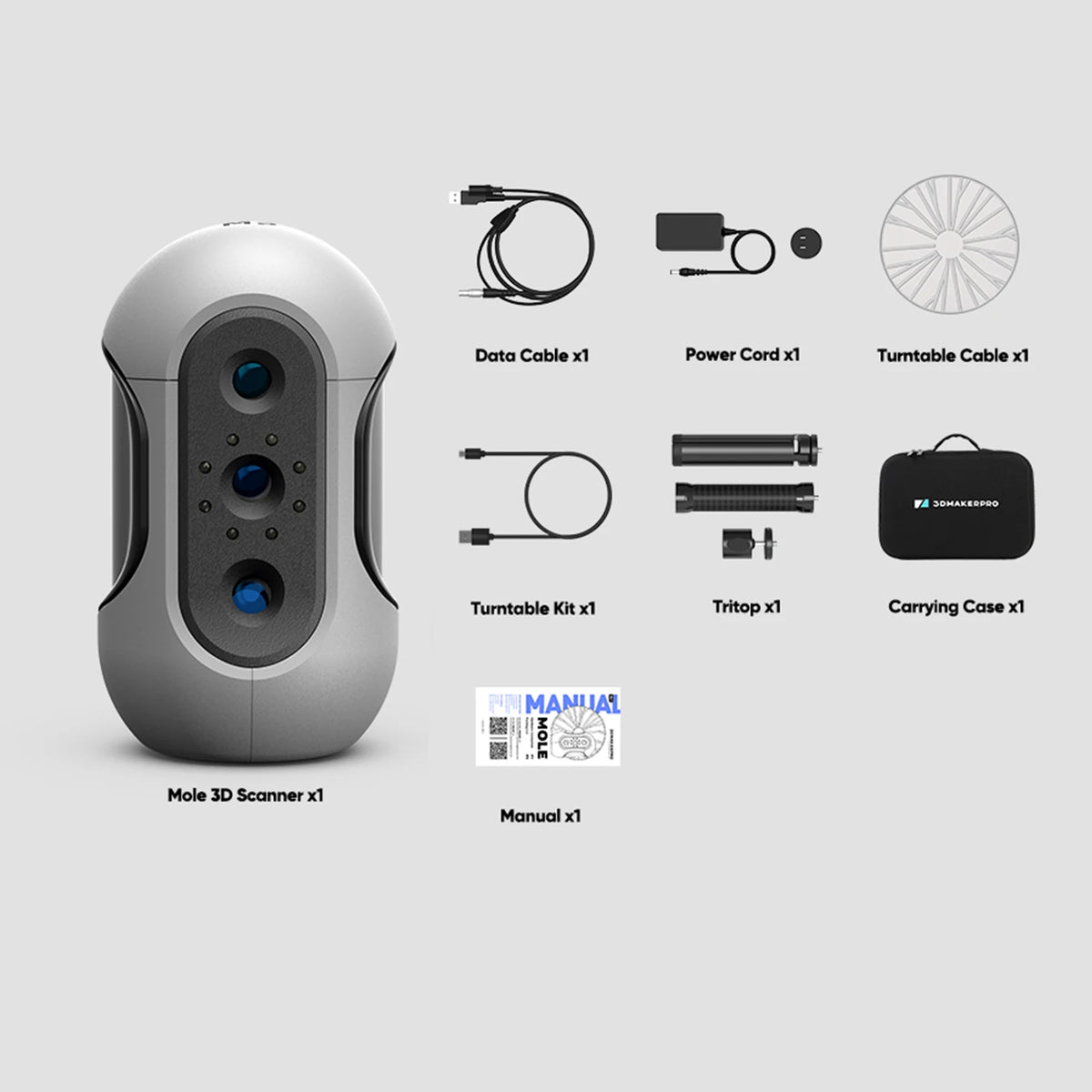 3DMakerpro Mole Premium Handheld 3D Scanner for 3D Printer 0.05mm Accuracy & 0.1mm Resolution 10FPS Scanning Black Objects