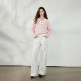 TOYOUTH Women T‑Shirts 2026 Autumn New Textured Knit V‑Neck Simple Light Pink Elegant Long Sleeve Tops