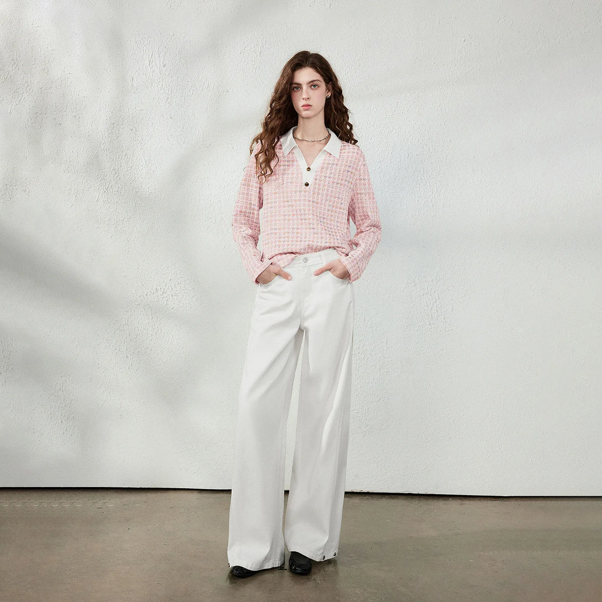 TOYOUTH Women T‑Shirts 2026 Autumn New Textured Knit V‑Neck Simple Light Pink Elegant Long Sleeve Tops