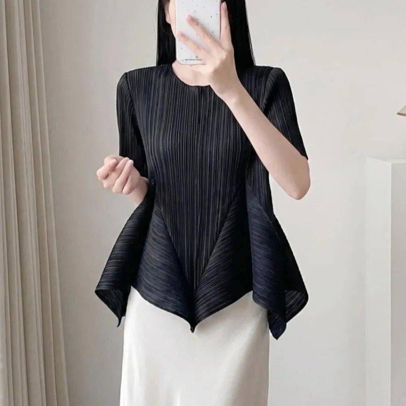 Pleated T-Shirt 2026 Summer New Ruffled Short Sleeve Top Elegant Commuter Women's Lightweight Stretch Non-Iron Clothing