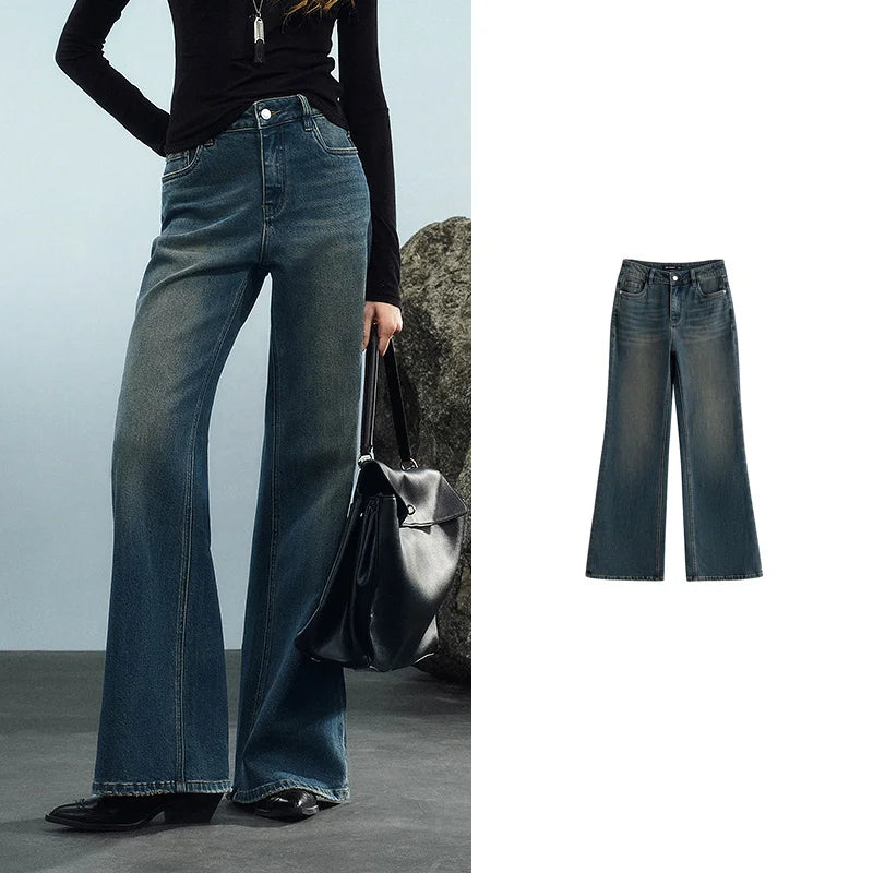 TOYOUTH Women Denim Jeans 2025 Autumn New Retro Lycra Micro Flare Pant