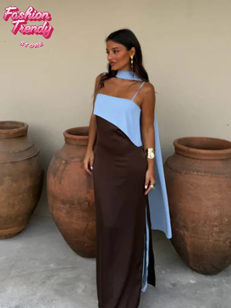 Spaghetti Strap Cape Neck Two Tone Maxi Dress Spaghetti Strap Slimming Sundress 2026 Summer Holiday Chic Ladies Party Vestidos