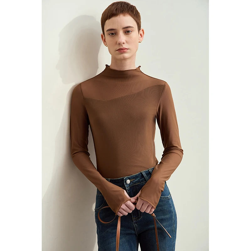 Amii Minimalism Mesh T-shirts For Women 2026 Autumn New Office Lady Half-high Neck Micro Perspective Slim Retro Shirt 12423055