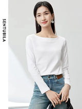 SENTUBILA Women's Cotton T-shirts 2026 Spring Autumn Simlple Long Sleeve Top Solid Basic Tee Shirts Female Pullovers 143T57728X