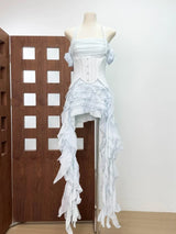 Women Sexy Short Dress Three Piece Sets Sexy Halter Neck Folds Ruffled Dress+Lace-up Corset Top+Shorts Suits Party Cocktail
